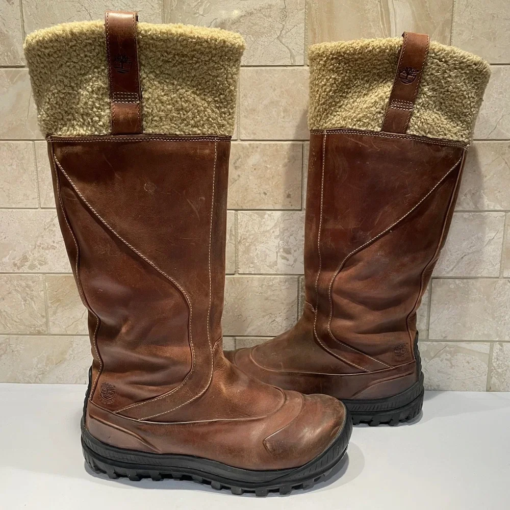 Timberland Brown Leather Faux Shearling Tall Winter Boots Womens 7M